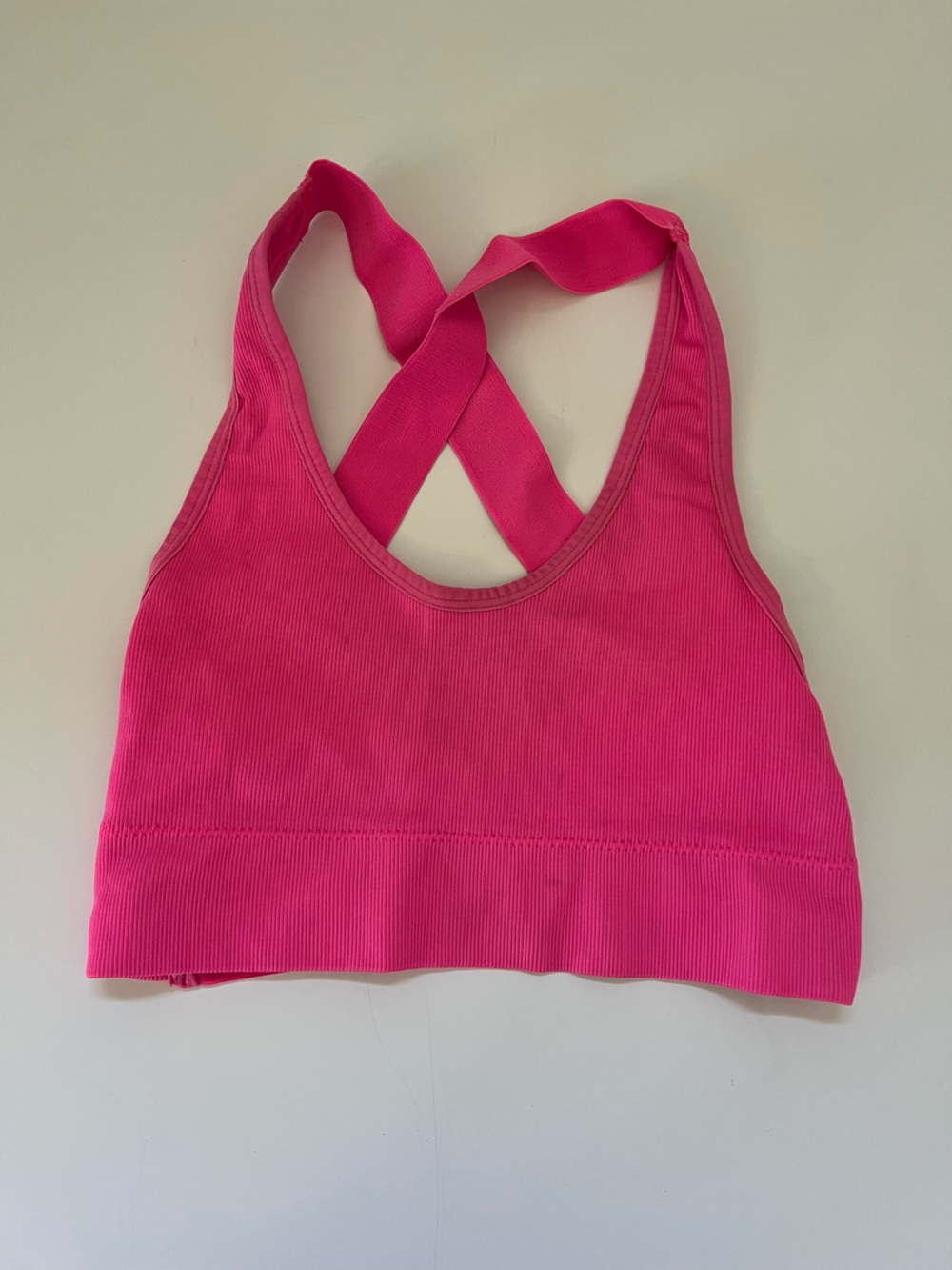 Women's Hot Pink Ribbed Cross Back Sports Bra Sz M Workout Athletic Athleisure